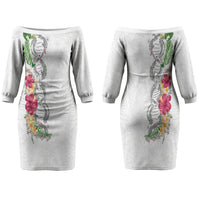 Hawaii DNA Kakau Tattoo Couples Matching Off The Shoulder Long Sleeve Dress and Long Sleeve Button Shirt with Plumeria and Hibiscus Tropical Plants White Color