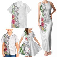 Hawaii DNA Kakau Tattoo Family Matching Tank Maxi Dress and Hawaiian Shirt with Plumeria and Hibiscus Tropical Plants White Color