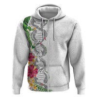 Hawaii DNA Kakau Tattoo Hoodie with Plumeria and Hibiscus Tropical Plants White Color