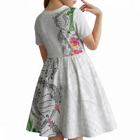 Hawaii DNA Kakau Tattoo Kid Short Sleeve Dress with Plumeria and Hibiscus Tropical Plants White Color
