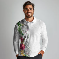 Hawaii DNA Kakau Tattoo Long Sleeve Polo Shirt with Plumeria and Hibiscus Tropical Plants White Color