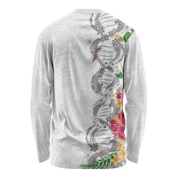 Hawaii DNA Kakau Tattoo Long Sleeve Shirt with Plumeria and Hibiscus Tropical Plants White Color