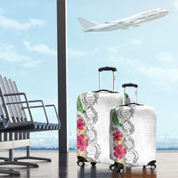 Hawaii DNA Kakau Tattoo Luggage Cover with Plumeria and Hibiscus Tropical Plants White Color