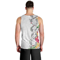 Hawaii DNA Kakau Tattoo Men Tank Top with Plumeria and Hibiscus Tropical Plants White Color