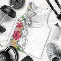 Hawaii DNA Kakau Tattoo Men Tank Top with Plumeria and Hibiscus Tropical Plants White Color