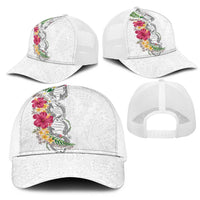 Hawaii DNA Kakau Tattoo Mesh Trucker Cap with Plumeria and Hibiscus Tropical Plants White Color