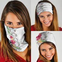 Hawaii DNA Kakau Tattoo Neck Gaiter with Plumeria and Hibiscus Tropical Plants White Color