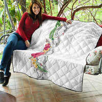 Hawaii DNA Kakau Tattoo Quilt with Plumeria and Hibiscus Tropical Plants White Color