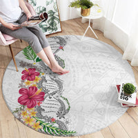 Hawaii DNA Kakau Tattoo Round Carpet with Plumeria and Hibiscus Tropical Plants White Color