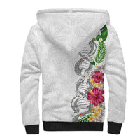 Hawaii DNA Kakau Tattoo Sherpa Hoodie with Plumeria and Hibiscus Tropical Plants White Color