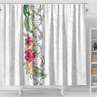Hawaii DNA Kakau Tattoo Shower Curtain with Plumeria and Hibiscus Tropical Plants White Color