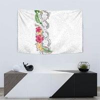 Hawaii DNA Kakau Tattoo Tapestry with Plumeria and Hibiscus Tropical Plants White Color