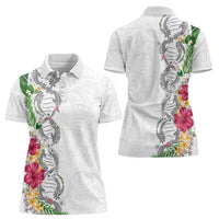 Hawaii DNA Kakau Tattoo Women Polo Shirt with Plumeria and Hibiscus Tropical Plants White Color
