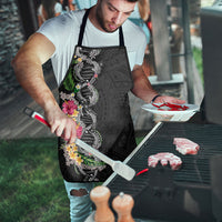 Hawaii DNA Kakau Tattoo Apron with Plumeria and Hibiscus Tropical Plants Black Color