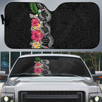 Hawaii DNA Kakau Tattoo Auto Sun Shade with Plumeria and Hibiscus Tropical Plants Black Color