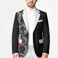 Hawaii DNA Kakau Tattoo Blazer with Plumeria and Hibiscus Tropical Plants Black Color