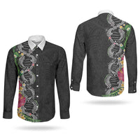 Hawaii DNA Kakau Tattoo Couples Matching Long Sleeve Bodycon Dress and Long Sleeve Button Shirt with Plumeria and Hibiscus Tropical Plants Black Color