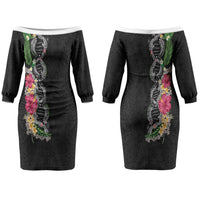 Hawaii DNA Kakau Tattoo Couples Matching Off The Shoulder Long Sleeve Dress and Long Sleeve Button Shirt with Plumeria and Hibiscus Tropical Plants Black Color