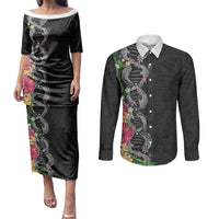 Hawaii DNA Kakau Tattoo Couples Matching Puletasi and Long Sleeve Button Shirt with Plumeria and Hibiscus Tropical Plants Black Color