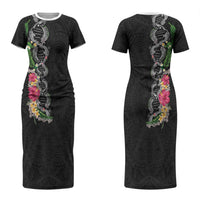 Hawaii DNA Kakau Tattoo Couples Matching Short Sleeve Bodycon Dress and Hawaiian Shirt with Plumeria and Hibiscus Tropical Plants Black Color