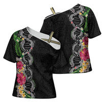 Hawaii DNA Kakau Tattoo Cross Shoulder Shirt with Plumeria and Hibiscus Tropical Plants Black Color