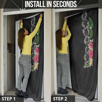 Hawaii DNA Kakau Tattoo Door Cover with Plumeria and Hibiscus Tropical Plants Black Color