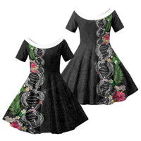 Hawaii DNA Kakau Tattoo Family Matching Mermaid Dress and Hawaiian Shirt with Plumeria and Hibiscus Tropical Plants Black Color