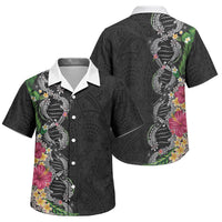 Hawaii DNA Kakau Tattoo Family Matching Off Shoulder Maxi Dress and Hawaiian Shirt with Plumeria and Hibiscus Tropical Plants Black Color