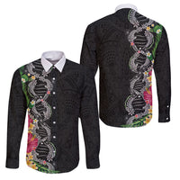 Hawaii DNA Kakau Tattoo Family Matching Summer Maxi Dress and Hawaiian Shirt with Plumeria and Hibiscus Tropical Plants Black Color