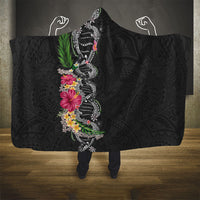 Hawaii DNA Kakau Tattoo Hooded Blanket with Plumeria and Hibiscus Tropical Plants Black Color