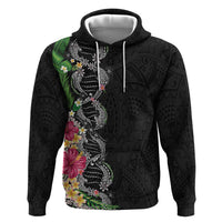 Hawaii DNA Kakau Tattoo Hoodie with Plumeria and Hibiscus Tropical Plants Black Color