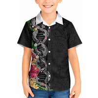 Hawaii DNA Kakau Tattoo Kid Hawaiian Shirt with Plumeria and Hibiscus Tropical Plants Black Color