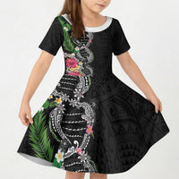 Hawaii DNA Kakau Tattoo Kid Short Sleeve Dress with Plumeria and Hibiscus Tropical Plants Black Color