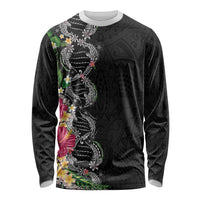 Hawaii DNA Kakau Tattoo Long Sleeve Shirt with Plumeria and Hibiscus Tropical Plants Black Color