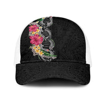 Hawaii DNA Kakau Tattoo Mesh Trucker Cap with Plumeria and Hibiscus Tropical Plants Black Color