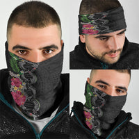 Hawaii DNA Kakau Tattoo Neck Gaiter with Plumeria and Hibiscus Tropical Plants Black Color