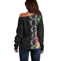 Hawaii DNA Kakau Tattoo Off Shoulder Sweater with Plumeria and Hibiscus Tropical Plants Black Color