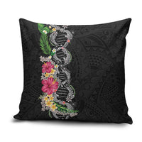Hawaii DNA Kakau Tattoo Pillow Cover with Plumeria and Hibiscus Tropical Plants Black Color
