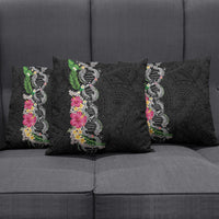Hawaii DNA Kakau Tattoo Pillow Cover with Plumeria and Hibiscus Tropical Plants Black Color