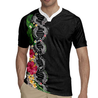 Hawaii DNA Kakau Tattoo Rugby Jersey with Plumeria and Hibiscus Tropical Plants Black Color