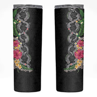Hawaii DNA Kakau Tattoo Skinny Tumbler with Plumeria and Hibiscus Tropical Plants Black Color