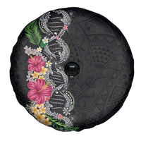 Hawaii DNA Kakau Tattoo Spare Tire Cover with Plumeria and Hibiscus Tropical Plants Black Color