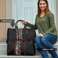 Hawaii DNA Kakau Tattoo Travel Bag with Plumeria and Hibiscus Tropical Plants Black Color