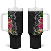 Hawaii DNA Kakau Tattoo Tumbler With Handle with Plumeria and Hibiscus Tropical Plants Black Color