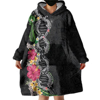 Hawaii DNA Kakau Tattoo Wearable Blanket Hoodie with Plumeria and Hibiscus Tropical Plants Black Color