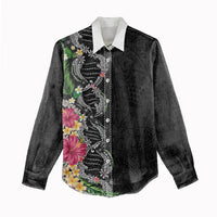 Hawaii DNA Kakau Tattoo Women Casual Shirt with Plumeria and Hibiscus Tropical Plants Black Color