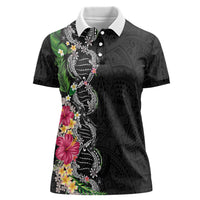 Hawaii DNA Kakau Tattoo Women Polo Shirt with Plumeria and Hibiscus Tropical Plants Black Color