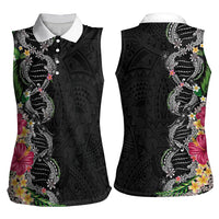 Hawaii DNA Kakau Tattoo Women Sleeveless Polo Shirt with Plumeria and Hibiscus Tropical Plants Black Color