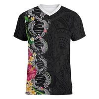 Hawaii DNA Kakau Tattoo Women V-Neck T-Shirt with Plumeria and Hibiscus Tropical Plants Black Color