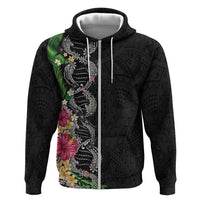 Hawaii DNA Kakau Tattoo Zip Hoodie with Plumeria and Hibiscus Tropical Plants Black Color